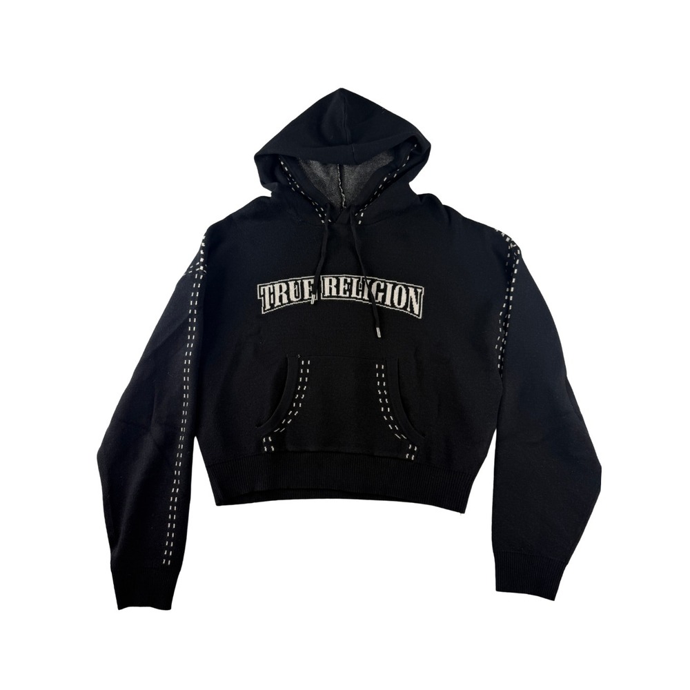NWT True Religion Black Cropped Hoodie Women's XL Logo Stitch Pullover